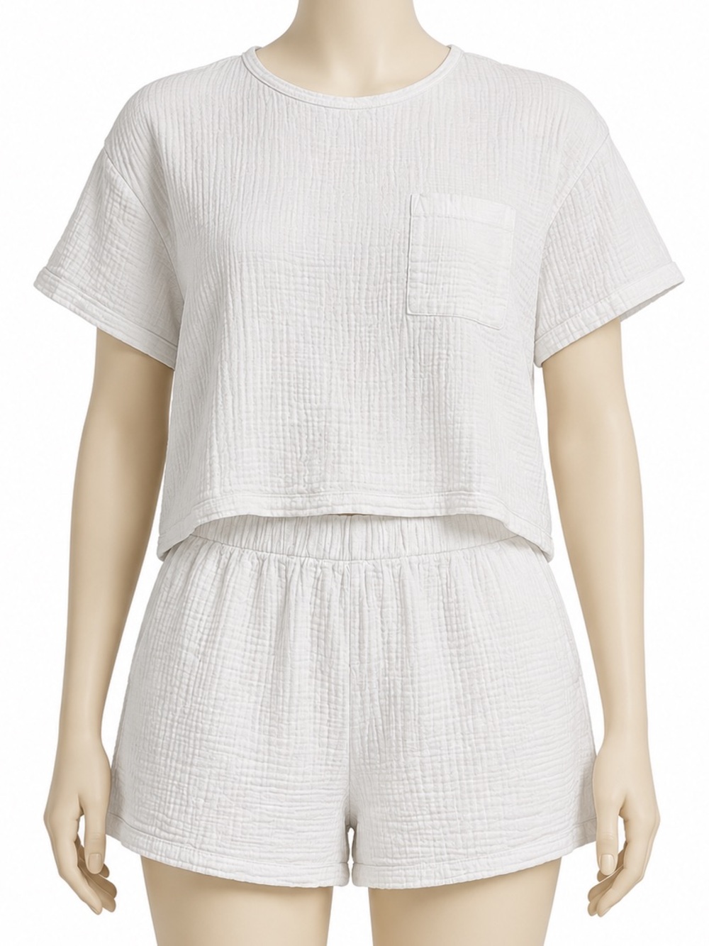 Cropped Gauze Tee and Shorts Set in White